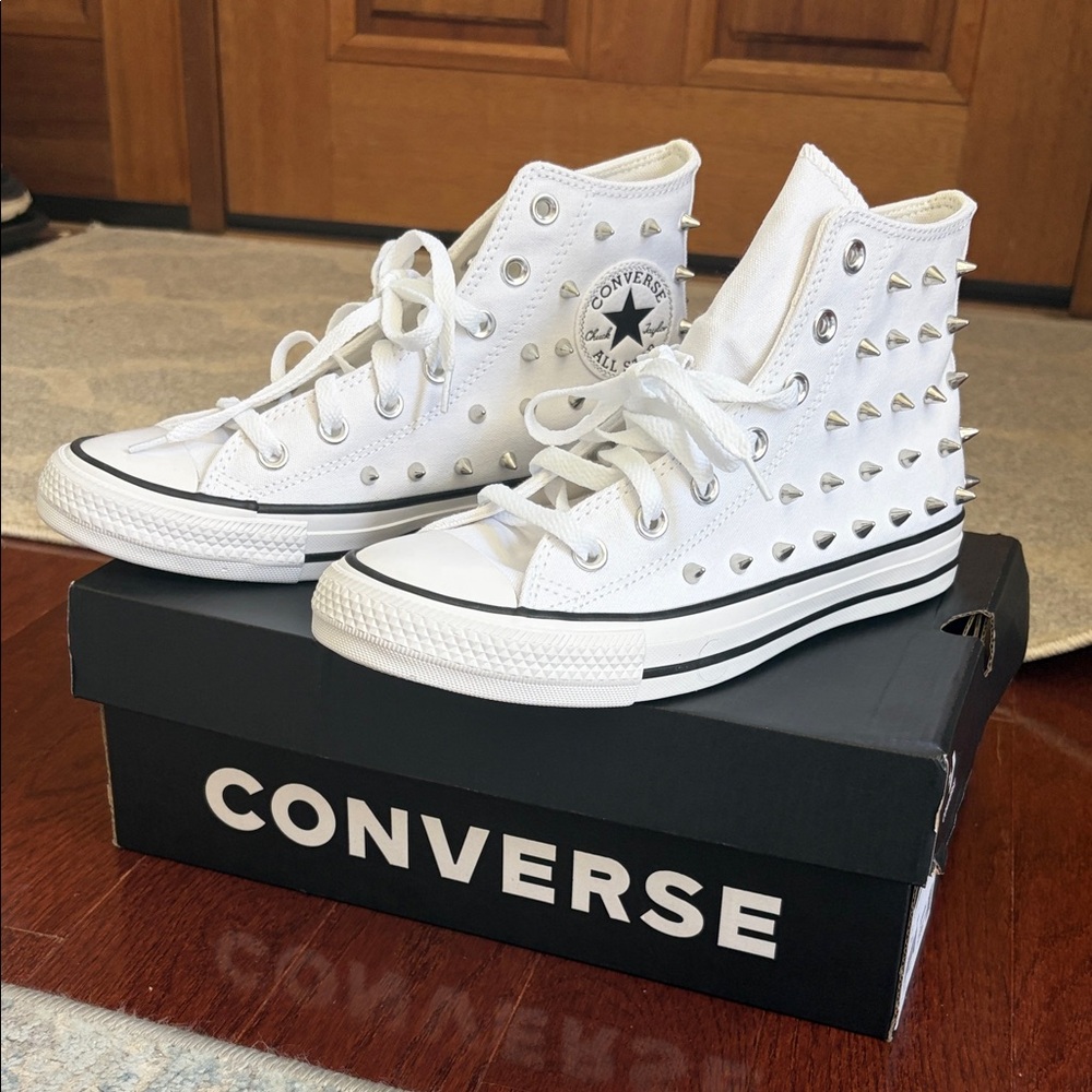 NWT Converse White High-Top Sneakers with Silver Spike Studs, women size 8